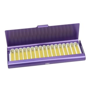 Homöopathie Alu Etui für 17 Röhrchen violett mit Braunglasröhrchen