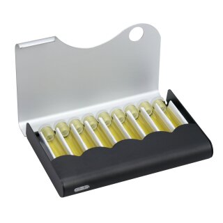 Homöopathie Alu Etui für 9 Röhrchen - Welle schwarz-silber mit Braunglasröhrchen